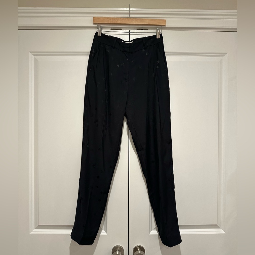 EQUIPMENT x Tabitha Simmons jacquard tapered black trousers with stars, size 4
